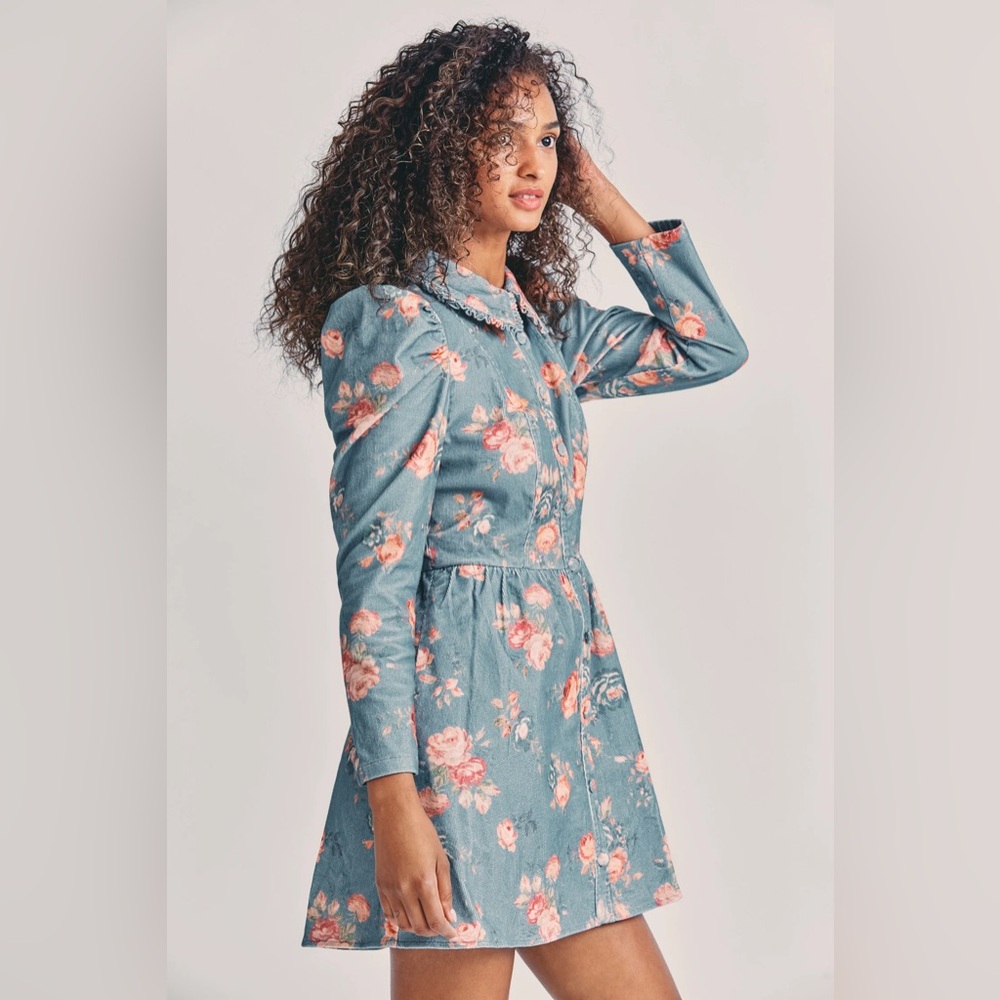 NWOT Loveshackfancy Beyers Ruffle Trim Collar Corduroy Puff Sleeve Mini Dress 2 - Picture 3 of 17